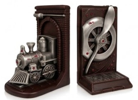 Train and Propeller Bookends, Steampunk Book Holder, Vintage Industrial Shelf Decor, Railway Office Statue