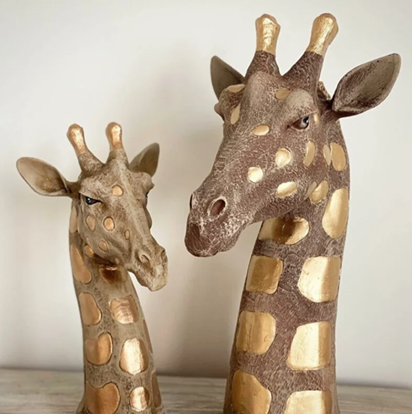 Giraffe Head Statue Set, Handcrafted Giraffe Sculptures, Safari Style Giraffe Head Statue, Decorative Giraffe Head Statues Set