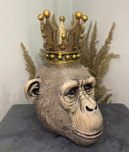Handmade Monkey King Decor, Crowned Chimp Statue, Handmade Monkey Decor, Handmade King Monkey Statue, Crown Monkey Decor, Monkey Head Decor