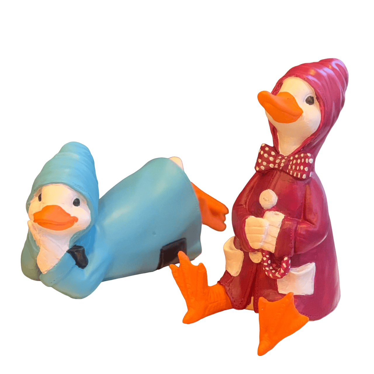 Colorful Duck Statue Set, Lying and Sitting Duck Sculptures, Polyester Duck Set, Duck Statue Duo,  Raincoat Duck Statues, Elegant Duck Decor