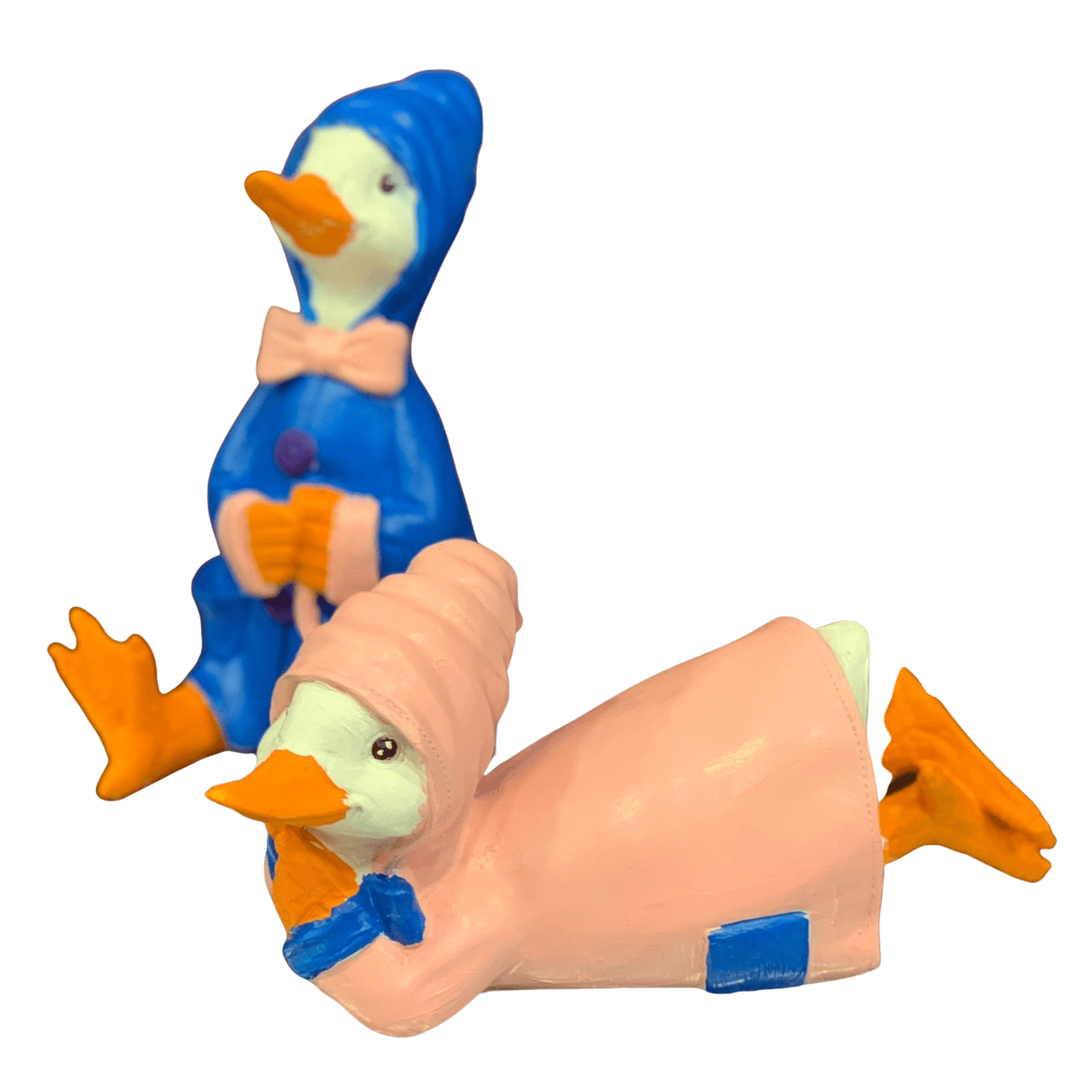 Colorful Duck Statue Set, Lying and Sitting Duck Sculptures, Polyester Duck Set, Duck Statue Duo,  Raincoat Duck Statues, Elegant Duck Decor