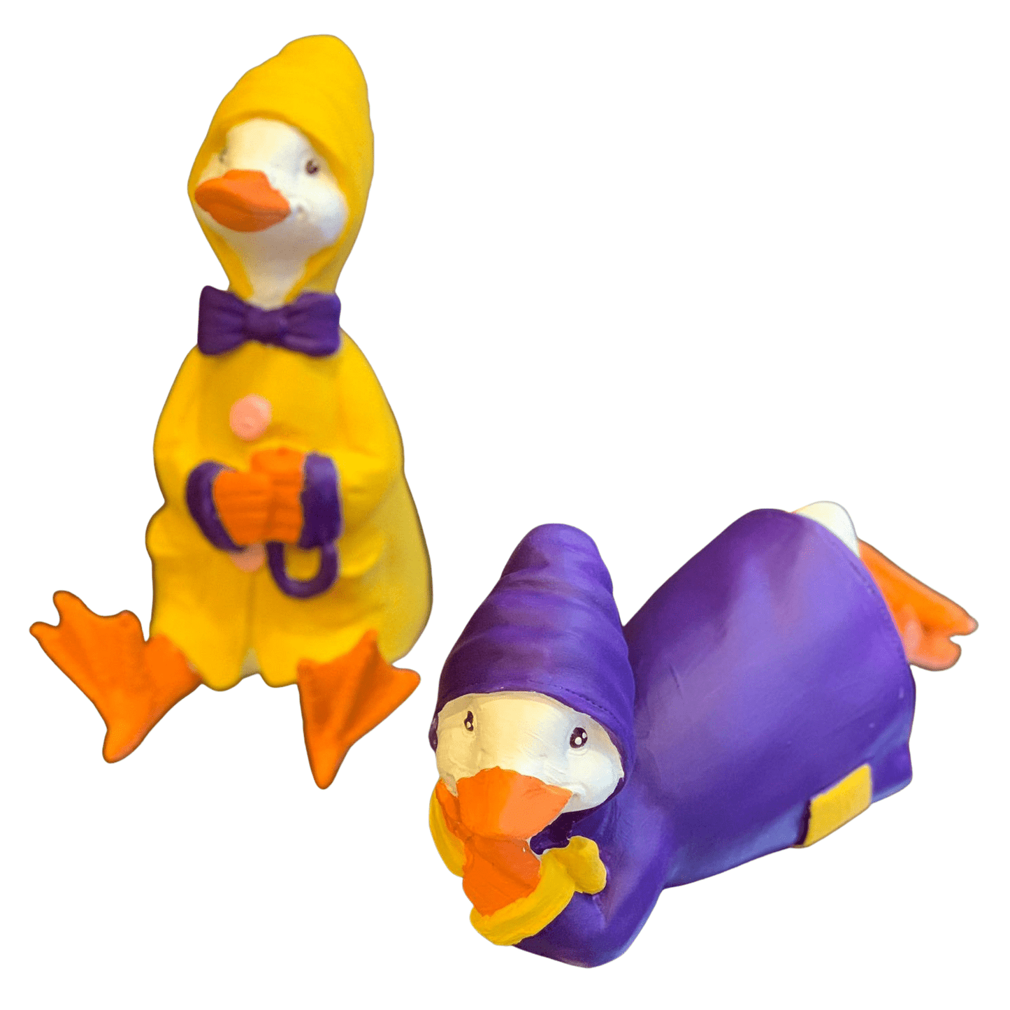 Colorful Duck Statue Set, Lying and Sitting Duck Sculptures, Polyester Duck Set, Duck Statue Duo,  Raincoat Duck Statues, Elegant Duck Decor