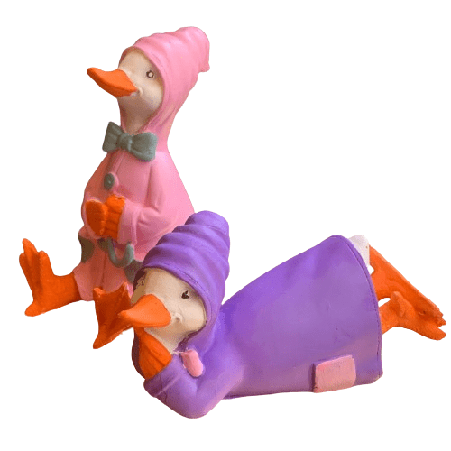Colorful Duck Statue Set, Lying and Sitting Duck Sculptures, Polyester Duck Set, Duck Statue Duo,  Raincoat Duck Statues, Elegant Duck Decor