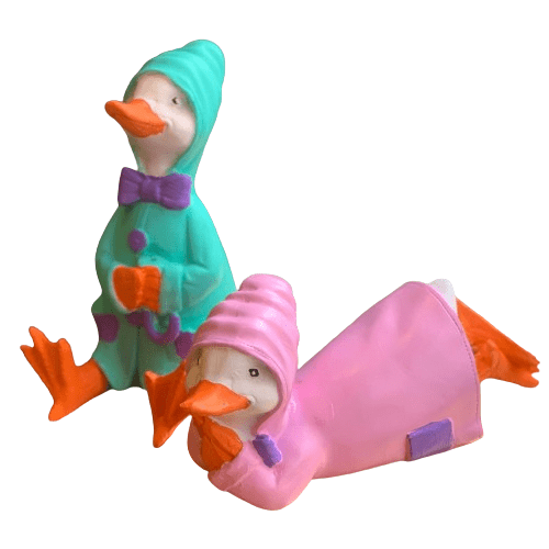 Colorful Duck Statue Set, Lying and Sitting Duck Sculptures, Polyester Duck Set, Duck Statue Duo,  Raincoat Duck Statues, Elegant Duck Decor