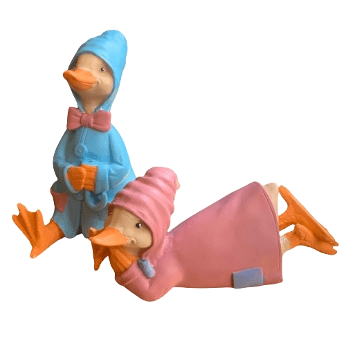 Colorful Duck Statue Set, Lying and Sitting Duck Sculptures, Polyester Duck Set, Duck Statue Duo,  Raincoat Duck Statues, Elegant Duck Decor
