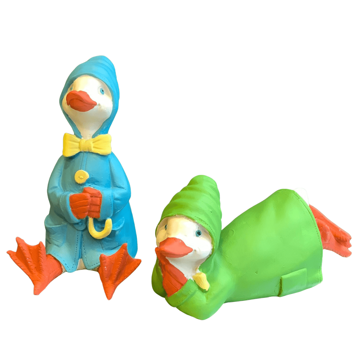 Colorful Duck Statue Set, Lying and Sitting Duck Sculptures, Polyester Duck Set, Duck Statue Duo,  Raincoat Duck Statues, Elegant Duck Decor