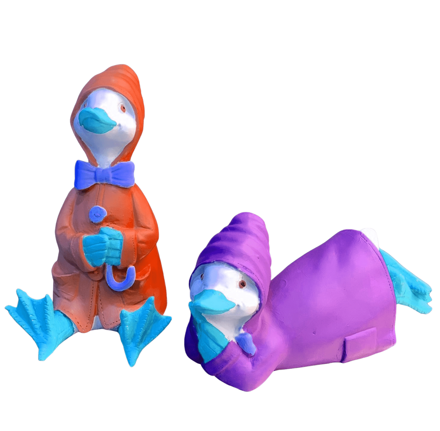 Colorful Duck Statue Set, Lying and Sitting Duck Sculptures, Polyester Duck Set, Duck Statue Duo,  Raincoat Duck Statues, Elegant Duck Decor
