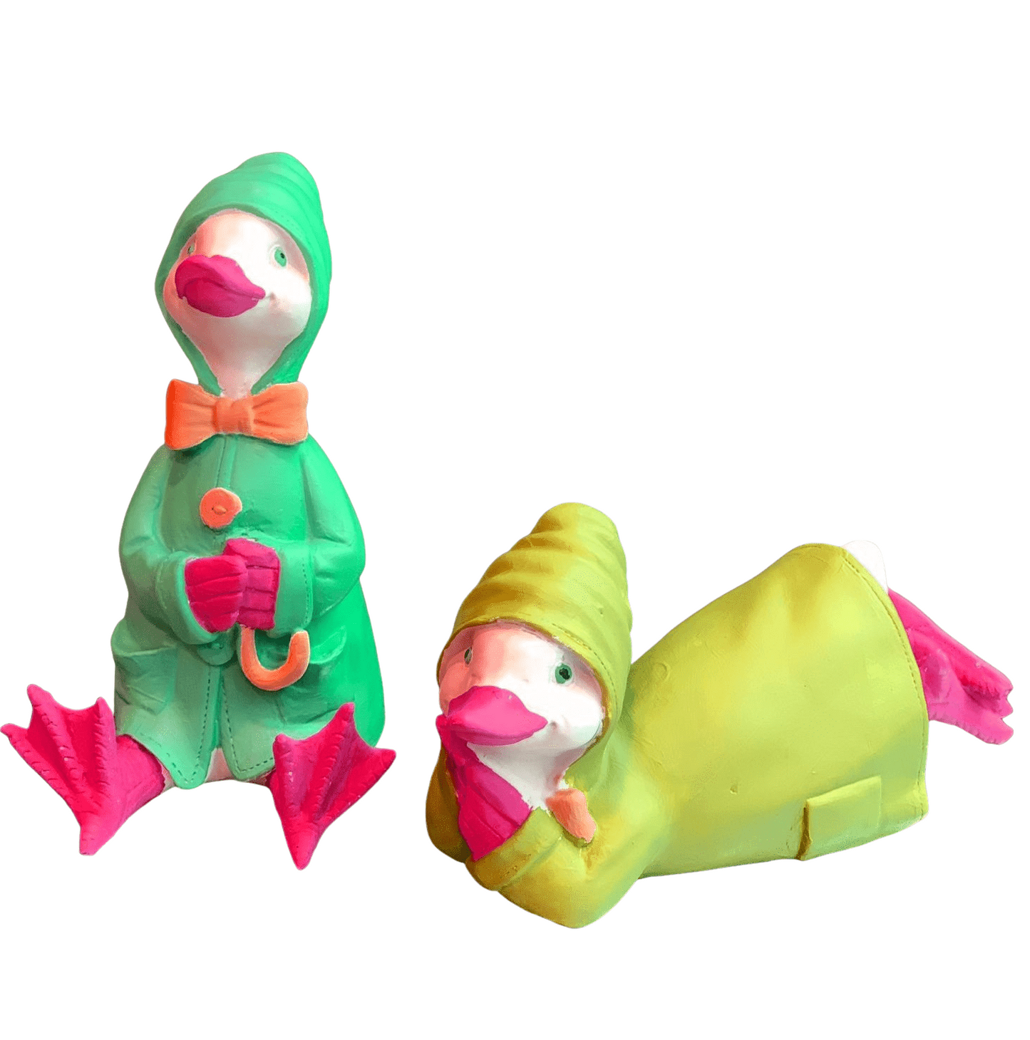 Colorful Duck Statue Set, Lying and Sitting Duck Sculptures, Polyester Duck Set, Duck Statue Duo,  Raincoat Duck Statues, Elegant Duck Decor