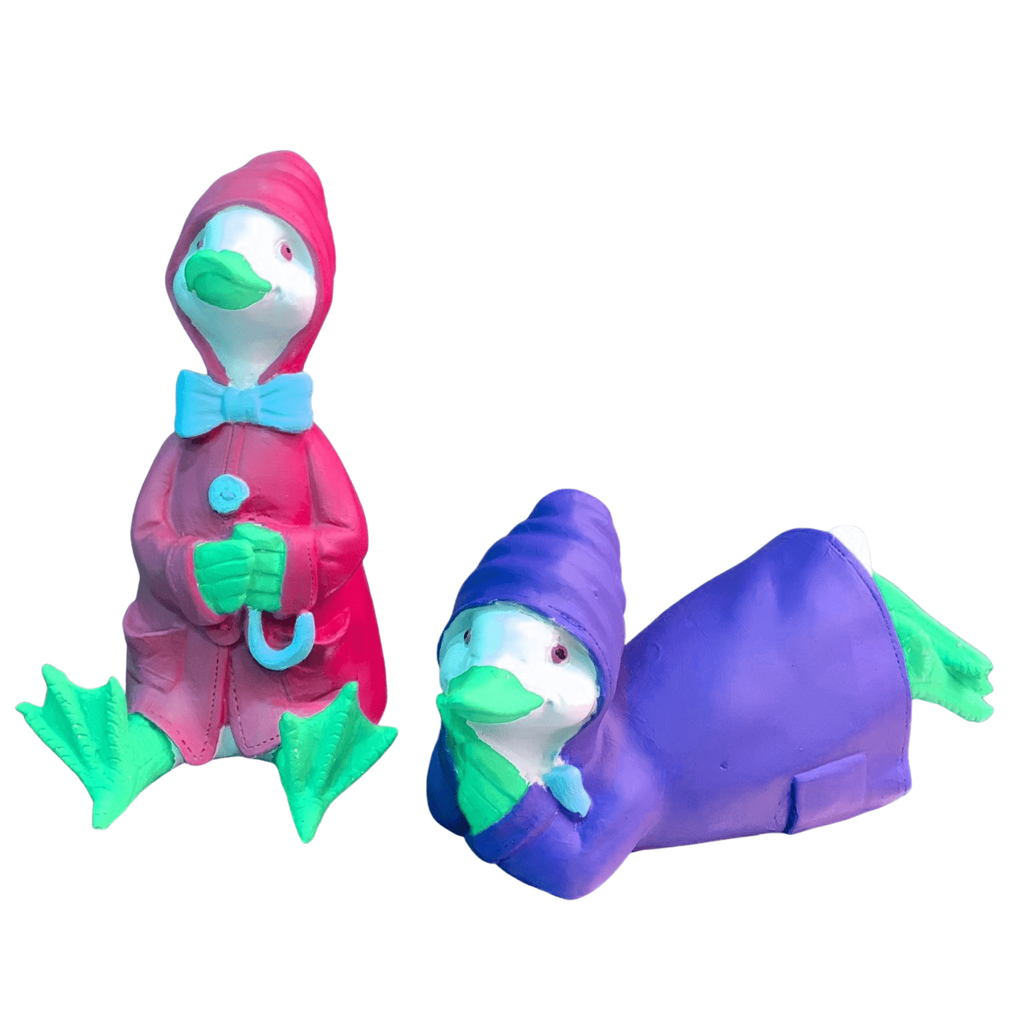 Colorful Duck Statue Set, Lying and Sitting Duck Sculptures, Polyester Duck Set, Duck Statue Duo,  Raincoat Duck Statues, Elegant Duck Decor