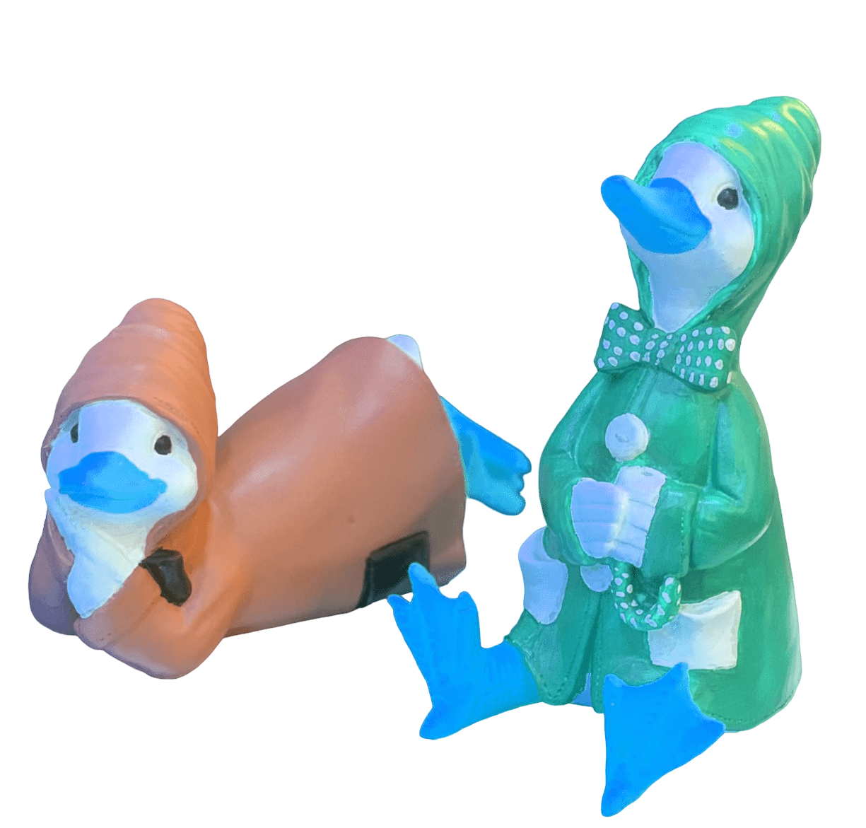 Colorful Duck Statue Set, Lying and Sitting Duck Sculptures, Polyester Duck Set, Duck Statue Duo,  Raincoat Duck Statues, Elegant Duck Decor