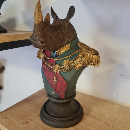 Royal Rhino Bust Statue, Military Style Rhino Bust, Elegant Rhino Head Statue, Rhino Head Statue, Military Rhino Bust, Rhino Bust Sculpture