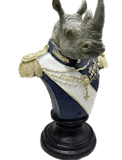 Royal Rhino Bust Statue, Military Style Rhino Bust, Elegant Rhino Head Statue, Rhino Head Statue, Military Rhino Bust, Rhino Bust Sculpture