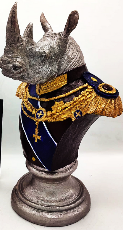 Royal Rhino Bust Statue, Military Style Rhino Bust, Elegant Rhino Head Statue, Rhino Head Statue, Military Rhino Bust, Rhino Bust Sculpture