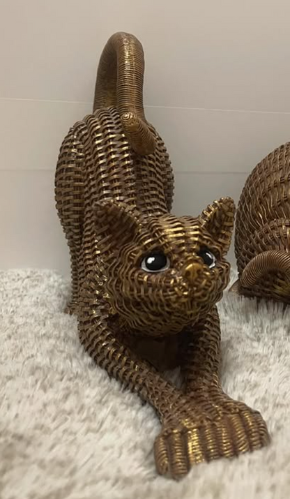 Handcrafted Woven Cat Statue, Textured Cat Figurine, Unique Woven Cat Sculpture, Realistic Woven Cat Statue, Elegant Woven Cat Sculpture