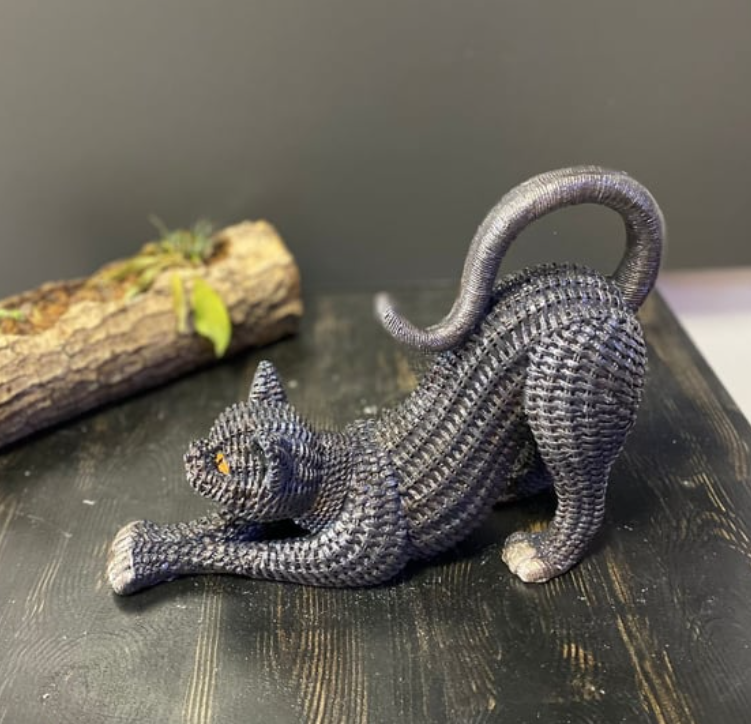 Handcrafted Woven Cat Statue, Textured Cat Figurine, Unique Woven Cat Sculpture, Realistic Woven Cat Statue, Elegant Woven Cat Sculpture