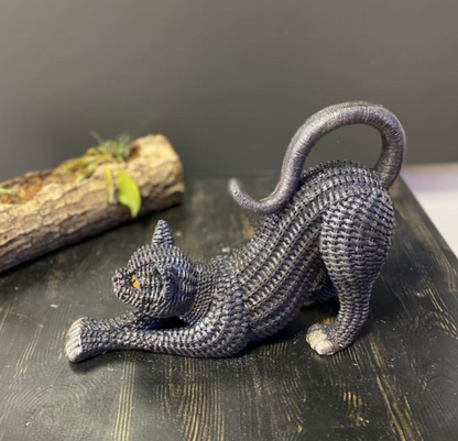 Handcrafted Woven Cat Statue, Textured Cat Figurine, Unique Woven Cat Sculpture, Realistic Woven Cat Statue, Elegant Woven Cat Sculpture