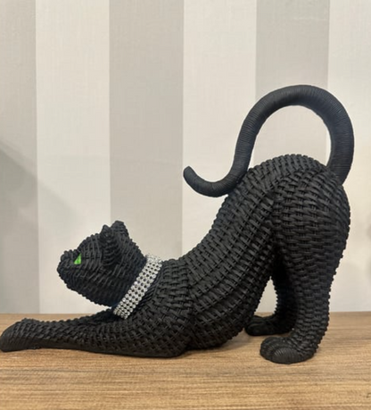 Handcrafted Woven Cat Statue, Textured Cat Figurine, Unique Woven Cat Sculpture, Realistic Woven Cat Statue, Elegant Woven Cat Sculpture
