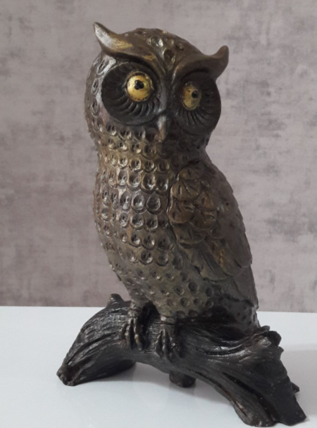 Rustic Owl Statue, Polyester Owl Sculpture, Realistic Owl Figurine, Handcrafted Owl Statue, Textured Owl Figurine, Realistic Owl Statue
