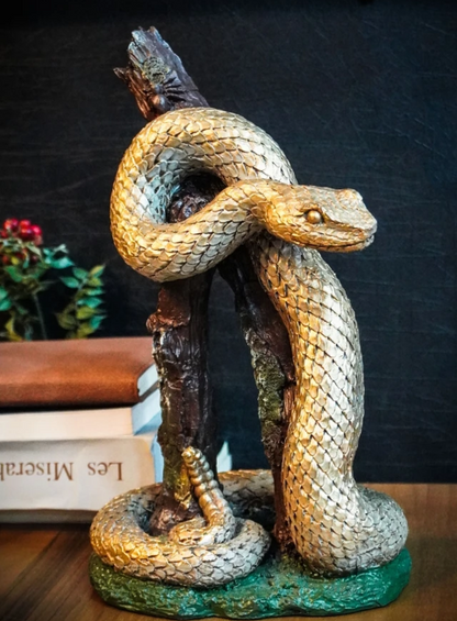 Realistic Snake on Branch Statue, Coiled Snake Sculpture on Tree, Snake Figurine Wrapped Around Branch, Jungle Theme Snake Sculpture