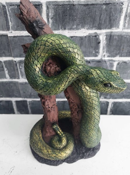 Realistic Snake on Branch Statue, Coiled Snake Sculpture on Tree, Snake Figurine Wrapped Around Branch, Jungle Theme Snake Sculpture