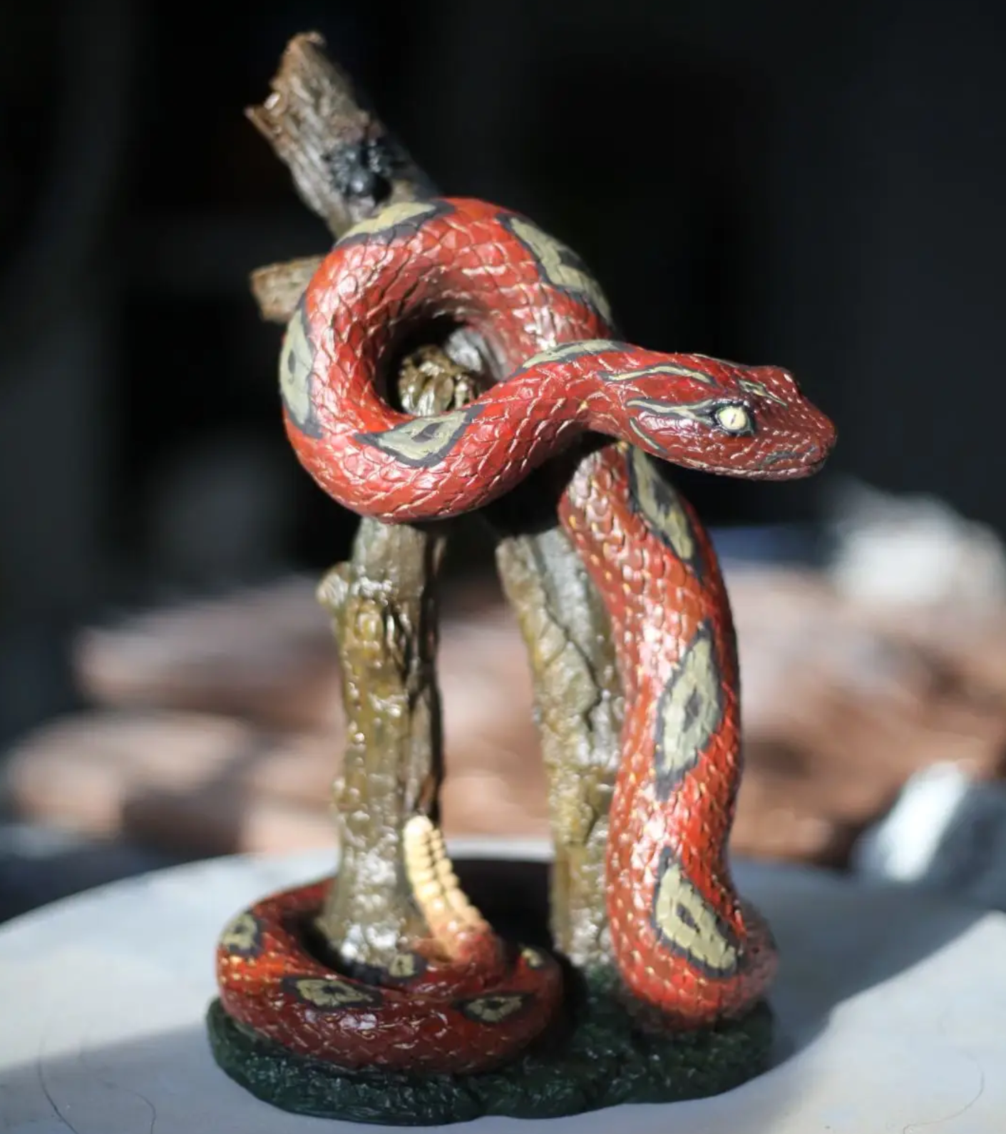 Realistic Snake on Branch Statue, Coiled Snake Sculpture on Tree, Snake Figurine Wrapped Around Branch, Jungle Theme Snake Sculpture