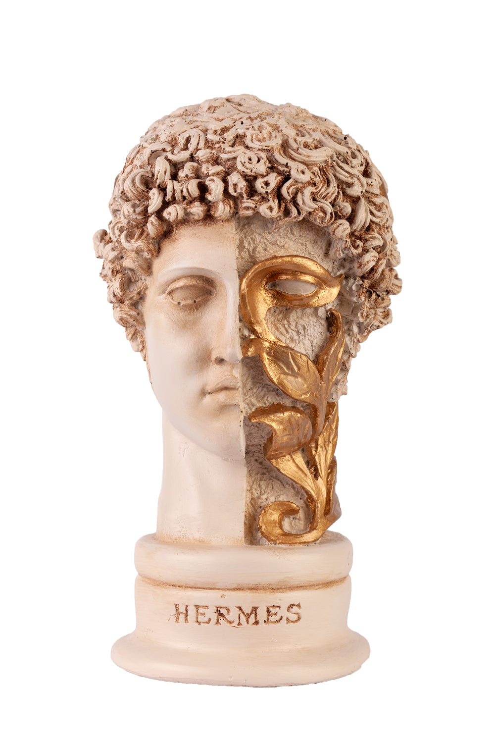 Busto di Hermes greco con decorazione a foglia, scultura classica con testa di Hermes, statua decorativa con testa, busto classico per la casa