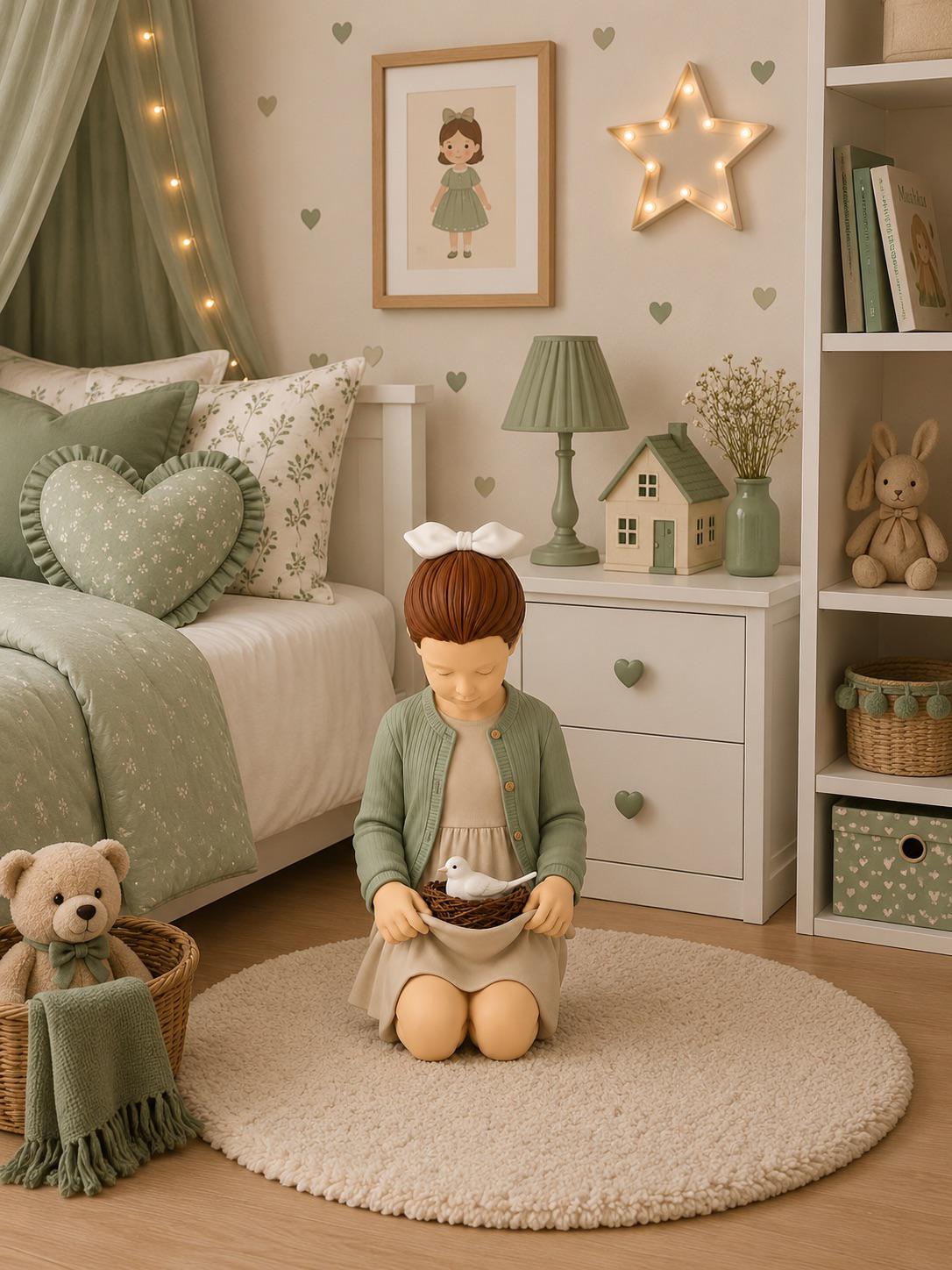 Handmade Girl Figurine, Bird Nest Decor, Nursery Shelf Accent, Polyester Pastel Home Accent