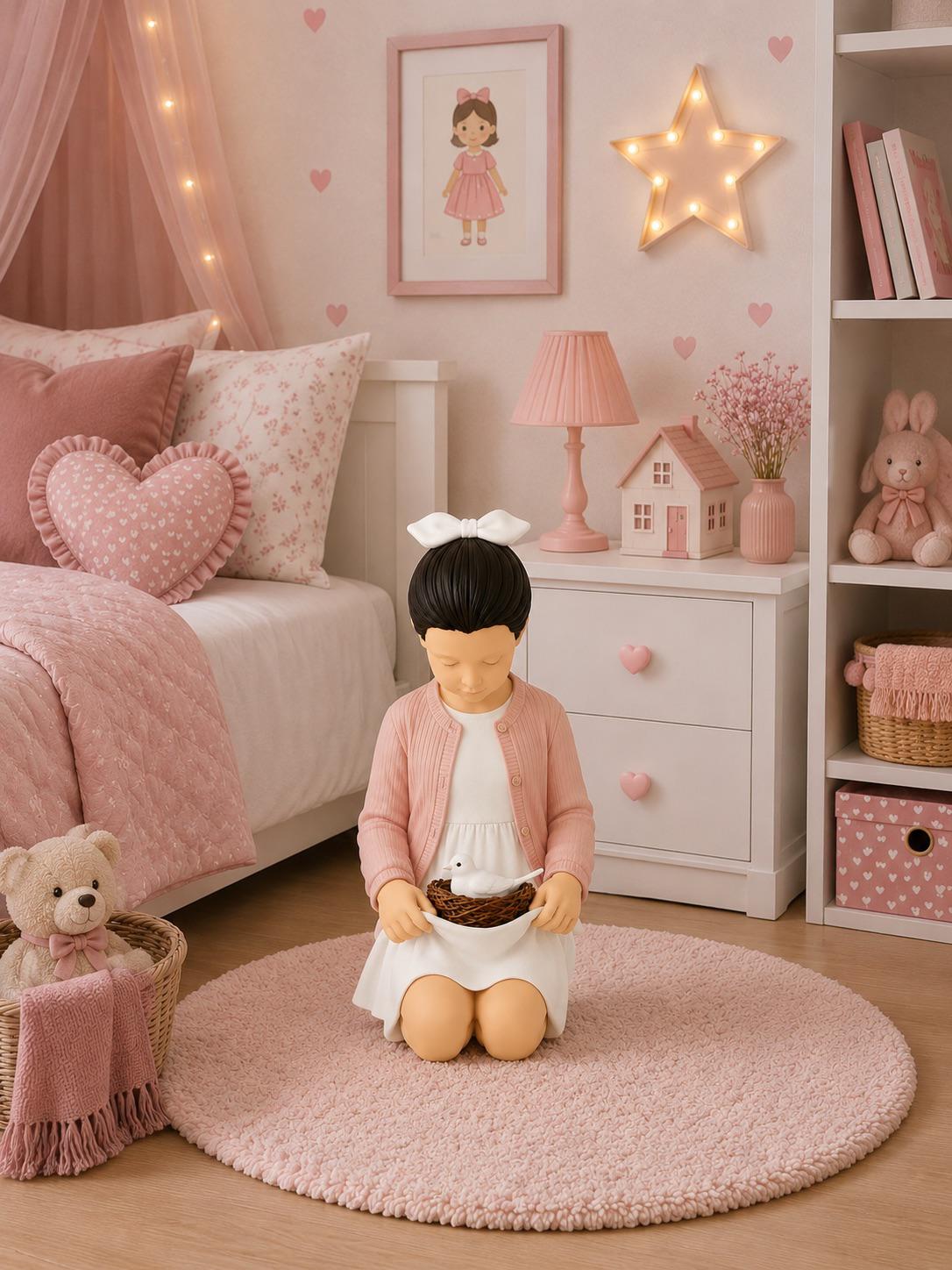 Handmade Girl Figurine, Bird Nest Decor, Nursery Shelf Accent, Polyester Pastel Home Accent
