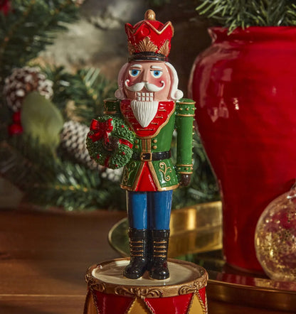 Christmas Tin Soldier Figurine, Nutcracker Tin Soldier Holding Gift on Drum, Festive Tin Soldier Decor, Polyester Tin Soldier Statue