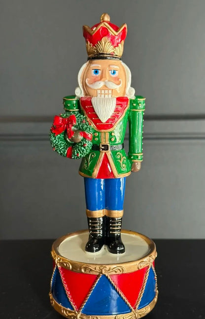 Christmas Tin Soldier Figurine, Nutcracker Tin Soldier Holding Gift on Drum, Festive Tin Soldier Decor, Polyester Tin Soldier Statue