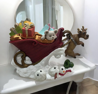 Sleigh and Deer Decor, Reindeer Sleigh Decorative Statue, Santa Sleigh with Deer Figurine, Reindeer Sleigh Statue, Sleigh with Deer Statue