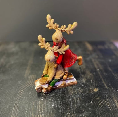 Christmas Deer Decor, Holiday Reindeer Figurine, Handmade Reindeer Couple Statue, Noel Sculpture