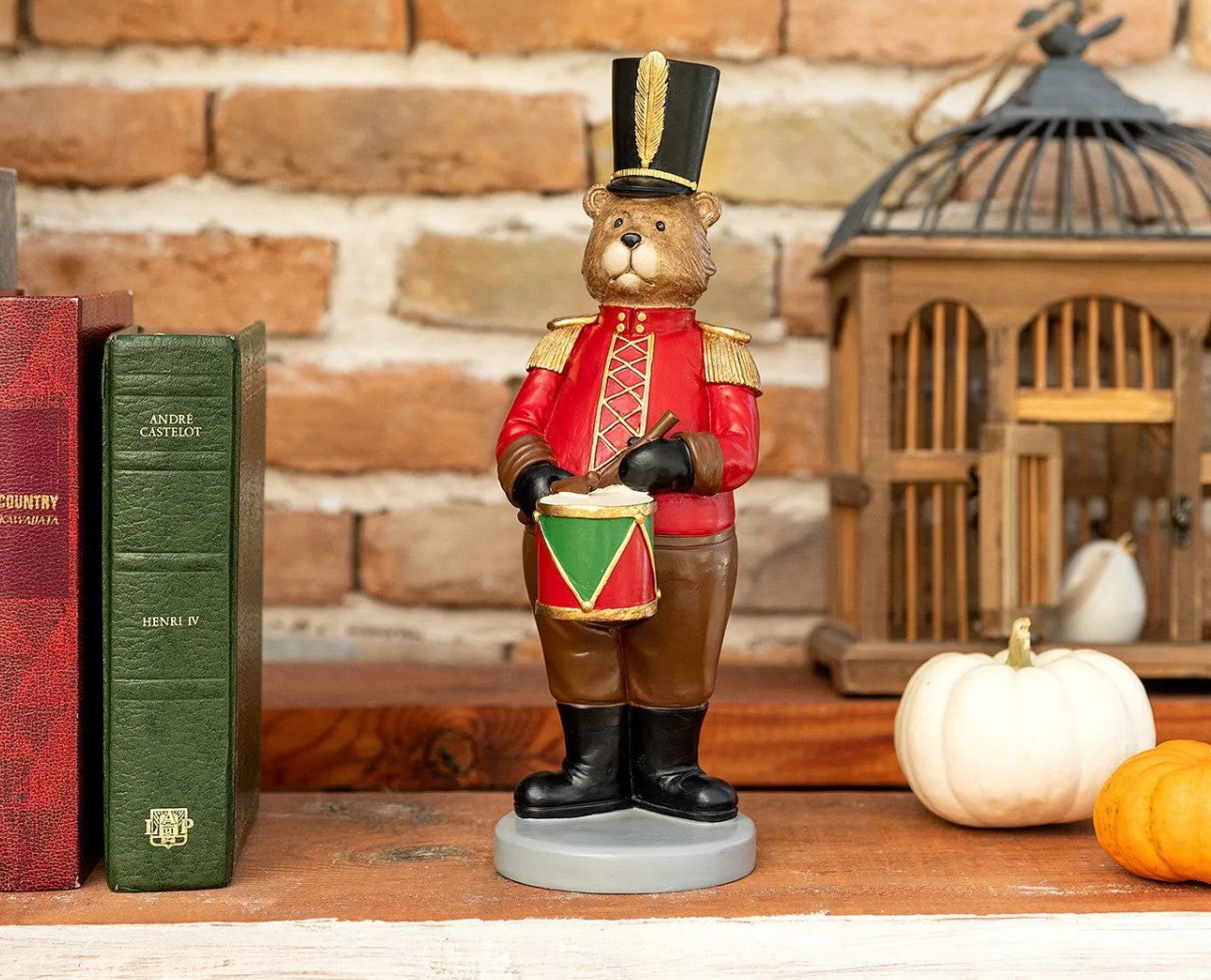 Handmade Drumming Bear Decor, Christmas Bear Figurine, Holiday Table Ornament, Drummer Statue