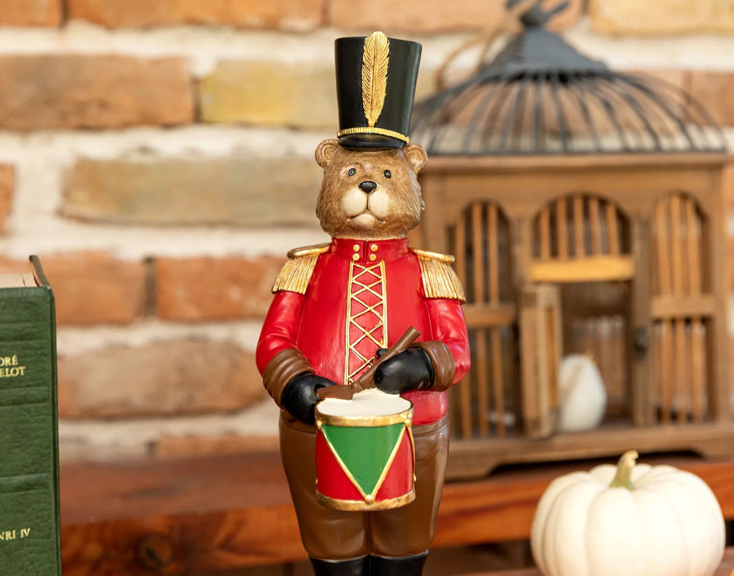 Handmade Drumming Bear Decor, Christmas Bear Figurine, Holiday Table Ornament, Drummer Statue