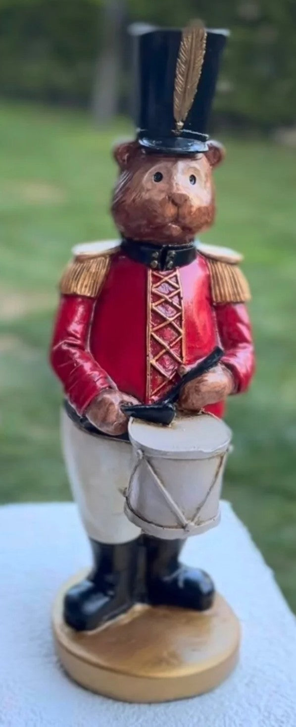 Handmade Drumming Bear Decor, Christmas Bear Figurine, Holiday Table Ornament, Drummer Statue