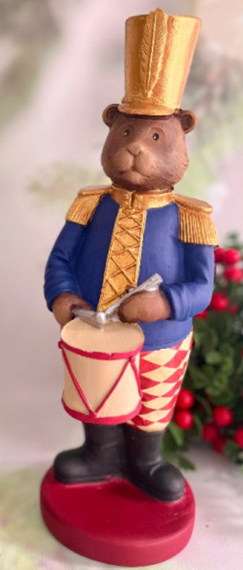 Handmade Drumming Bear Decor, Christmas Bear Figurine, Holiday Table Ornament, Drummer Statue