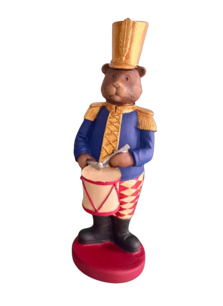Handmade Drumming Bear Decor, Christmas Bear Figurine, Holiday Table Ornament, Drummer Statue