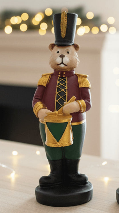 Handmade Drumming Bear Decor, Christmas Bear Figurine, Holiday Table Ornament, Drummer Statue