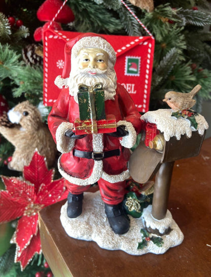 Handmade Santa Claus Decor, Christmas Figurine Statue, Holiday Ornament, Santa with Mailbox Sculpture