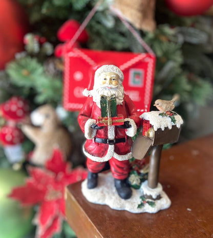 Handmade Santa Claus Decor, Christmas Figurine Statue, Holiday Ornament, Santa with Mailbox Sculpture