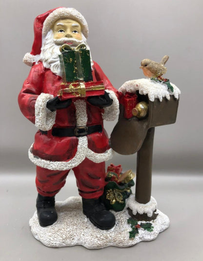 Handmade Santa Claus Decor, Christmas Figurine Statue, Holiday Ornament, Santa with Mailbox Sculpture