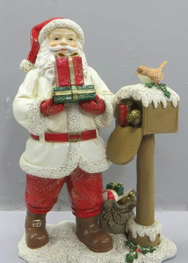 Handmade Santa Claus Decor, Christmas Figurine Statue, Holiday Ornament, Santa with Mailbox Sculpture