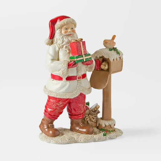 Handmade Santa Claus Decor, Christmas Figurine Statue, Holiday Ornament, Santa with Mailbox Sculpture
