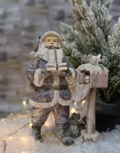 Handmade Santa Claus Decor, Christmas Figurine Statue, Holiday Ornament, Santa with Mailbox Sculpture