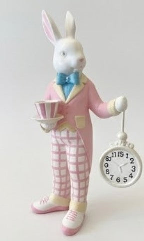Alice im Wunderland Teezeit Hasenfigur, Hasenstatue mit Teetasse &amp; Uhr, Hasenfigur, Wunderland Teeparty, Hase mit Teetasse