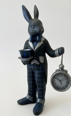 Alice im Wunderland Teezeit Hasenfigur, Hasenstatue mit Teetasse &amp; Uhr, Hasenfigur, Wunderland Teeparty, Hase mit Teetasse