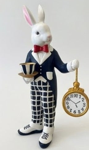 Alice im Wunderland Teezeit Hasenfigur, Hasenstatue mit Teetasse &amp; Uhr, Hasenfigur, Wunderland Teeparty, Hase mit Teetasse