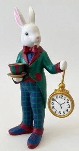 Alice im Wunderland Teezeit Hasenfigur, Hasenstatue mit Teetasse &amp; Uhr, Hasenfigur, Wunderland Teeparty, Hase mit Teetasse