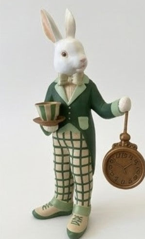 Alice im Wunderland Teezeit Hasenfigur, Hasenstatue mit Teetasse &amp; Uhr, Hasenfigur, Wunderland Teeparty, Hase mit Teetasse