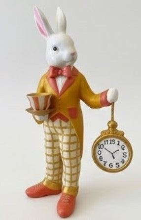 Alice im Wunderland Teezeit Hasenfigur, Hasenstatue mit Teetasse &amp; Uhr, Hasenfigur, Wunderland Teeparty, Hase mit Teetasse